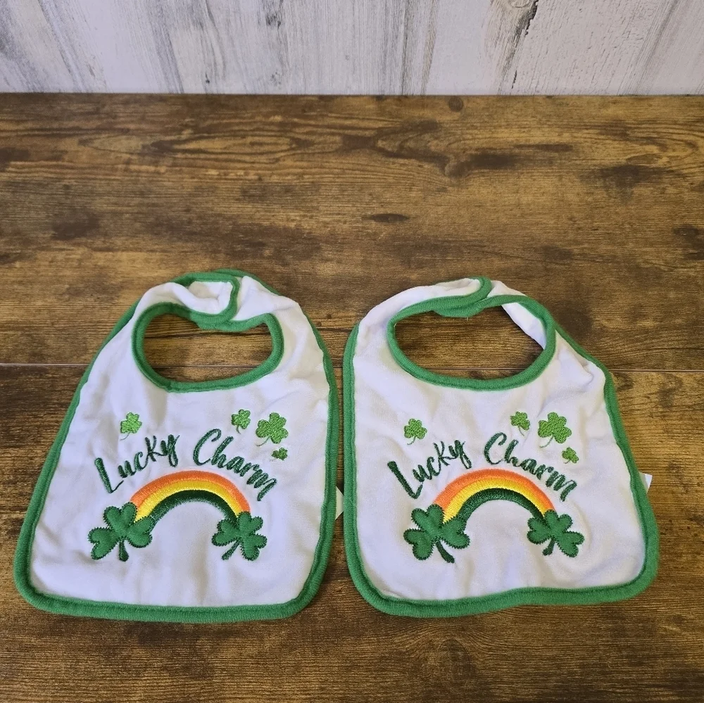 St Patrick's day Lucky Charm Baby Bibs Set of 2 Green and White
